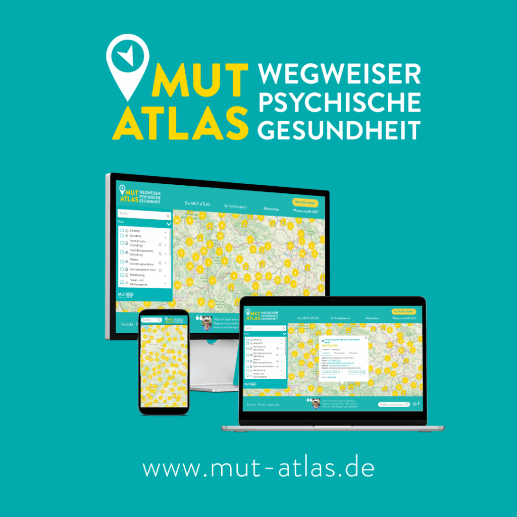 Logo des MUT-ATLAS - Wegweiser psychische Gesundheit und verschiedene Bildschirme auf denen der MUT-ATLAS geöffnet ist.