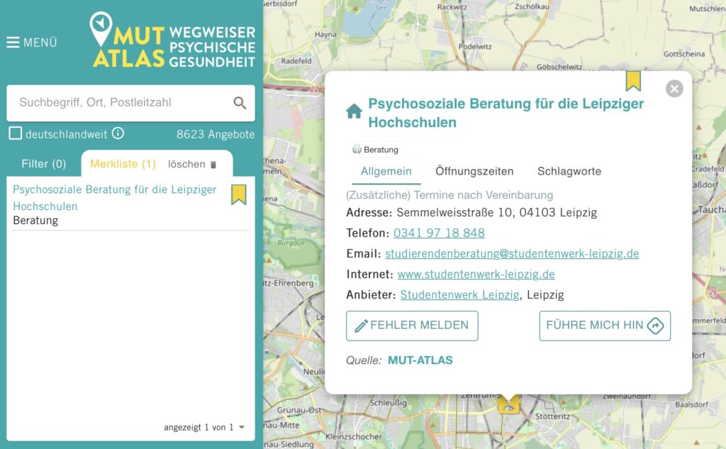 Merkliste des MUT-ATLAS um passende Angebote zu speichern