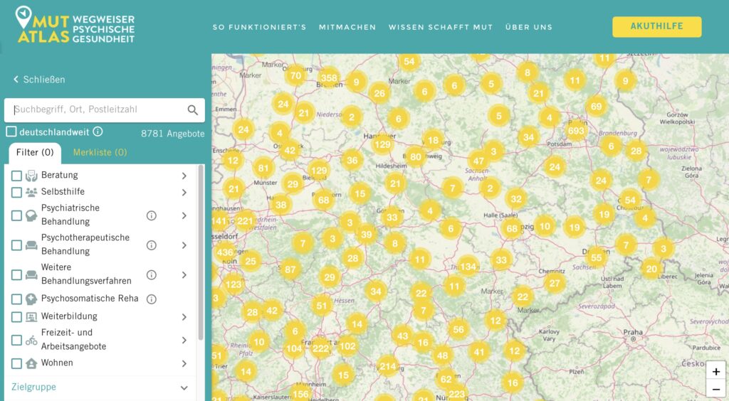 Kartenausschnit des digitalen Wegweisers rund um mentale Gesundheit